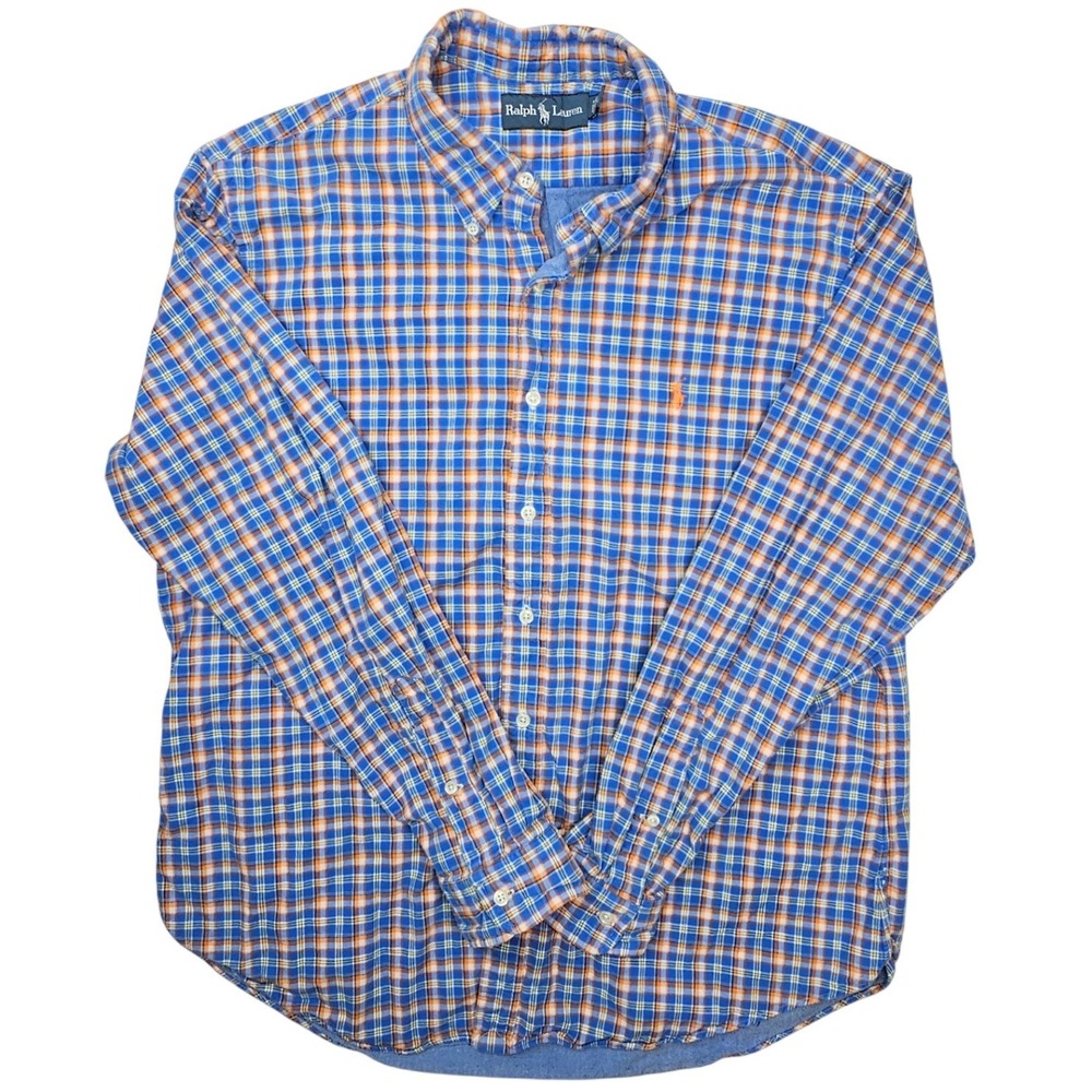Ralph Lauren Mens XL Plaid Button Down Shirt Blue Orange Long Sleeve Cotton‎